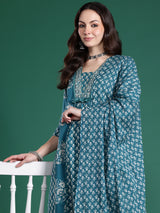 Women's Teal Embroidered A-Line Kurta Trouser With Dupatta Set