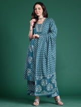 Women's Teal Embroidered A-Line Kurta Trouser With Dupatta Set