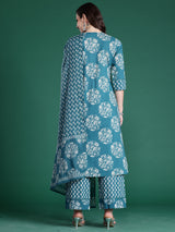 Women's Teal Embroidered A-Line Kurta Trouser With Dupatta Set