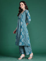 Women's Teal Embroidered A-Line Kurta Trouser With Dupatta Set