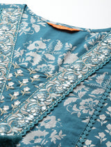 Women's Teal Embroidered A-Line Kurta Trouser With Dupatta Set