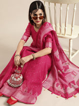 Women's Cotton Linen Pink Printed Designer Saree with Blouse Piece