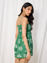 Women's Green Casual Graphic Sleeveless Playsuit