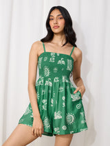 Women's Green Casual Graphic Sleeveless Playsuit