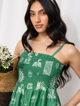 Women's Green Casual Graphic Sleeveless Playsuit