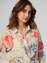 Women's Cream Casual Floral Full Sleeves Boyfriend Shirt