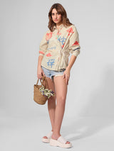 Women's Cream Casual Floral Full Sleeves Boyfriend Shirt