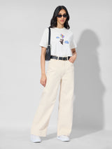 Women's White Casual Graphic Half Sleeves Tshirt