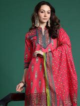 Women's Red Printed Straight Kurta Trouser With Dupatta Set