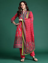 Women's Red Printed Straight Kurta Trouser With Dupatta Set