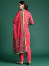 Women's Red Printed Straight Kurta Trouser With Dupatta Set