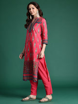 Women's Red Printed Straight Kurta Trouser With Dupatta Set