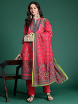 Women's Red Printed Straight Kurta Trouser With Dupatta Set