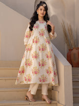 Women's Off White Printed A-Line Kurta Trousers Set