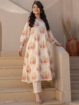 Women's Off White Printed A-Line Kurta Trousers Set