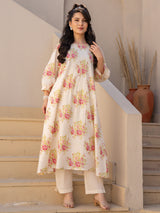 Women's Off White Printed A-Line Kurta Trousers Set