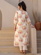 Women's Off White Printed A-Line Kurta Trousers Set