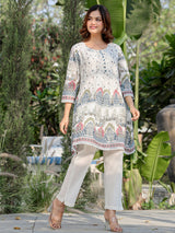 Women's White Printed A-Line Kurta Trouser set