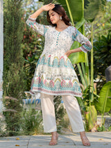 Women's White Printed A-Line Kurta Trouser set