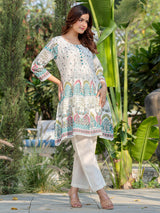 Women's White Printed A-Line Kurta Trouser set