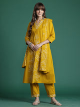 Women's Yellow Embroidered A-Line Kurta Trouser With Dupatta Set