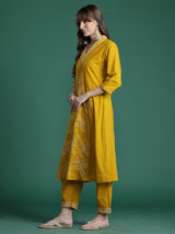 Women's Yellow Embroidered A-Line Kurta Trouser With Dupatta Set