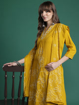 Women's Yellow Embroidered A-Line Kurta Trouser With Dupatta Set