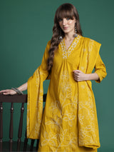 Women's Yellow Embroidered A-Line Kurta Trouser With Dupatta Set
