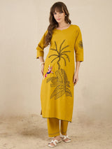 Women's Mustard Embroidered Straight Kurta Trousers Set