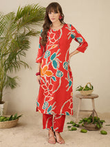 Women's Orange Printed Straight Kurta Trouser set