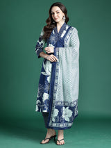 Women's Blue Printed A-Line Kurta Trouser With Dupatta set