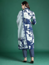 Women's Blue Printed A-Line Kurta Trouser With Dupatta set