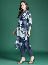 Women's Blue Printed A-Line Kurta Trouser With Dupatta set