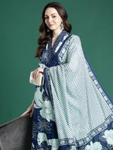 Women's Blue Printed A-Line Kurta Trouser With Dupatta set