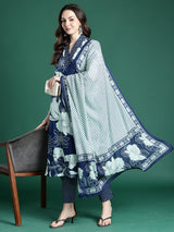 Women's Blue Printed A-Line Kurta Trouser With Dupatta set
