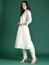 Women's Off White Embroidered Anarkali Kurta Trouser With Dupatta Set