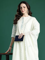 Women's Off White Embroidered Anarkali Kurta Trouser With Dupatta Set