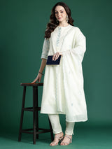 Women's Off White Embroidered Anarkali Kurta Trouser With Dupatta Set