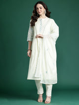 Women's Off White Embroidered Anarkali Kurta Trouser With Dupatta Set