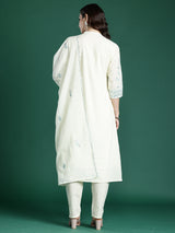 Women's Off White Embroidered Anarkali Kurta Trouser With Dupatta Set