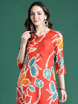 Women's Orange Printed Straight Kurta Trouser set