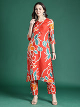 Women's Orange Printed Straight Kurta Trouser set