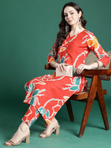 Women's Orange Printed Straight Kurta Trouser set