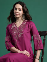 Women's Burgundy Embroidered Straight Kurta Trouser Set