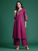 Women's Burgundy Embroidered Straight Kurta Trouser Set