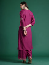 Women's Burgundy Embroidered Straight Kurta Trouser Set