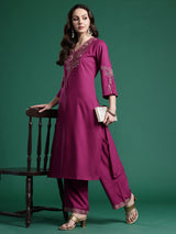 Women's Burgundy Embroidered Straight Kurta Trouser Set