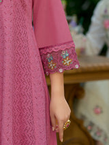 Women's Pink Embroidered Anarkali Kurta Pant With Organza Dupatta Set