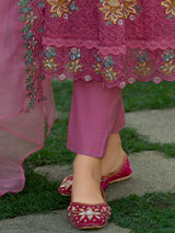 Women's Pink Embroidered Anarkali Kurta Pant With Organza Dupatta Set