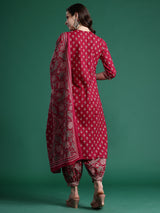 Women's Burgundy Printed Straight Kurta Salwar With Dupatta Set
